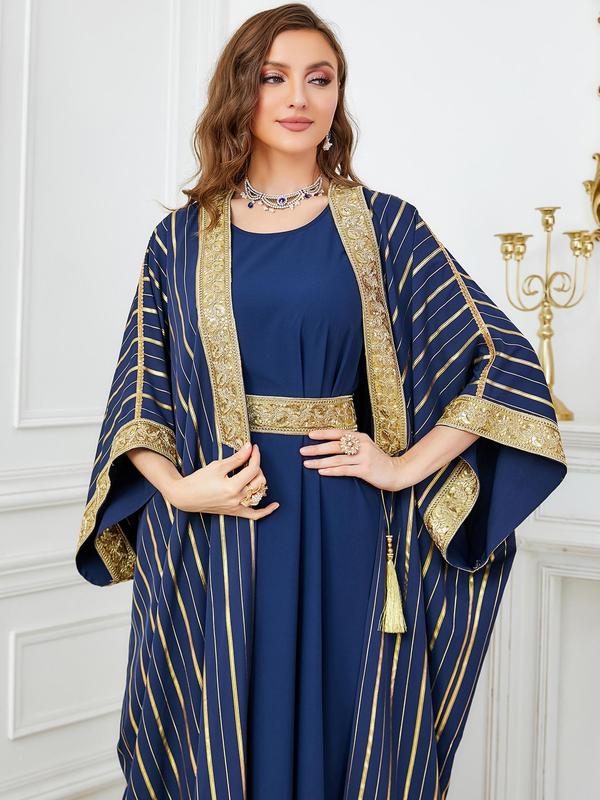 Arabic Clothing-Striped Print Abaya & Tank Dress Set, Modest Batwing ...
