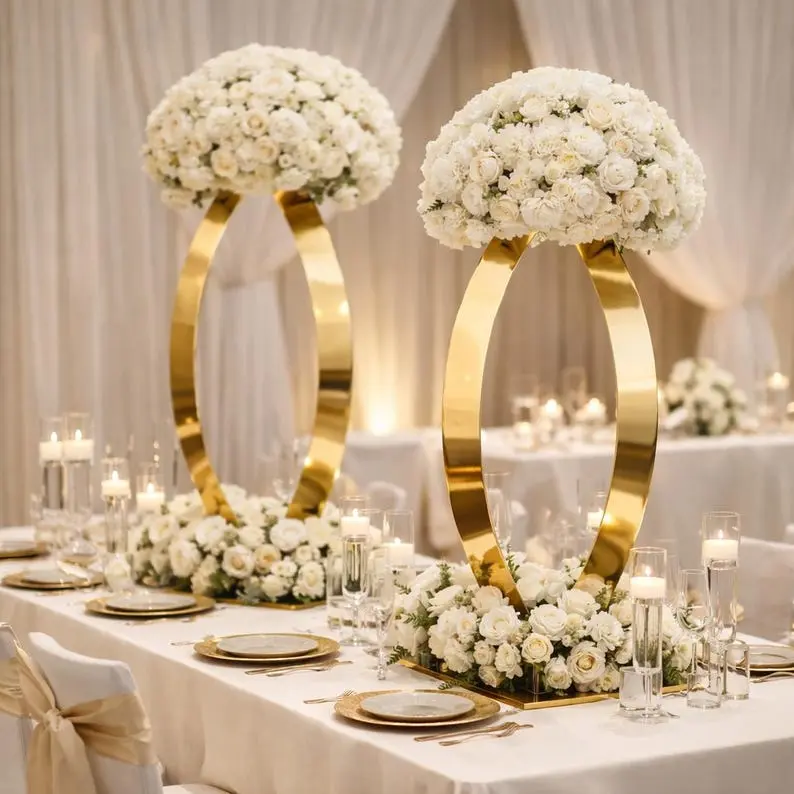 pre order-Set of 2 – 32” Tall Gold Curved Flower Stand | Stainless Steel Mirror Finish Wedding Table Centerpiece