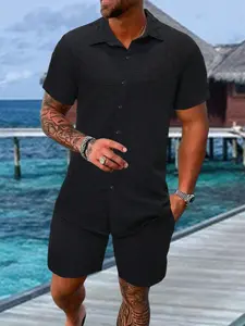 Men's Solid Short Sleeve Shirt & Shorts Two-Piece Set, Regular Fit Casual Button Up Top & Shorts for Summer, Men's Clothes for Beach Vacation