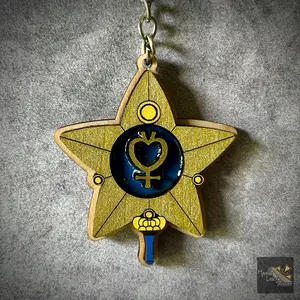 Mayans TCG Treasure Sailor Mercury Star Wand Keychain - Hand Crafted 2" Keychain with Gloss Enamel, Water Resistant Design, Made of Durable Wood