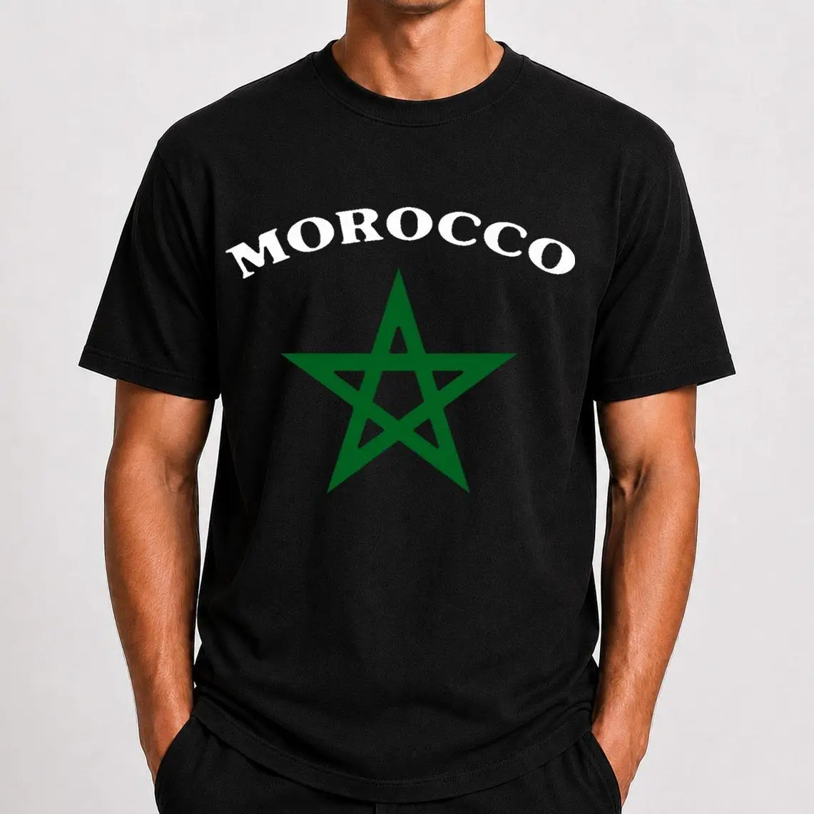 Men's 100% Cotton Morocco Star Graphic Print T-Shirt, Unisex Moroccan Heritage Flag Inspired Medium Length Top, Minimalist Cultural Streetwear for Casual Wear & Travel, Cold Wash Black Menswear