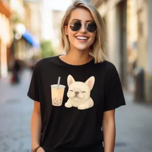 French Bulldog with Bubble Tea T-Shirts - Adorable Cartoon Design, Available in Multiple Colors Tops Womenswear Animals Apparel Cute Love Piece Style French Bulldog Clothes