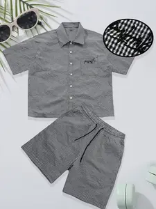 Best Gift for Him: Men's Black White Plaid 2-Piece Set | Short Sleeve Button-Down Shirt & Drawstring Shorts