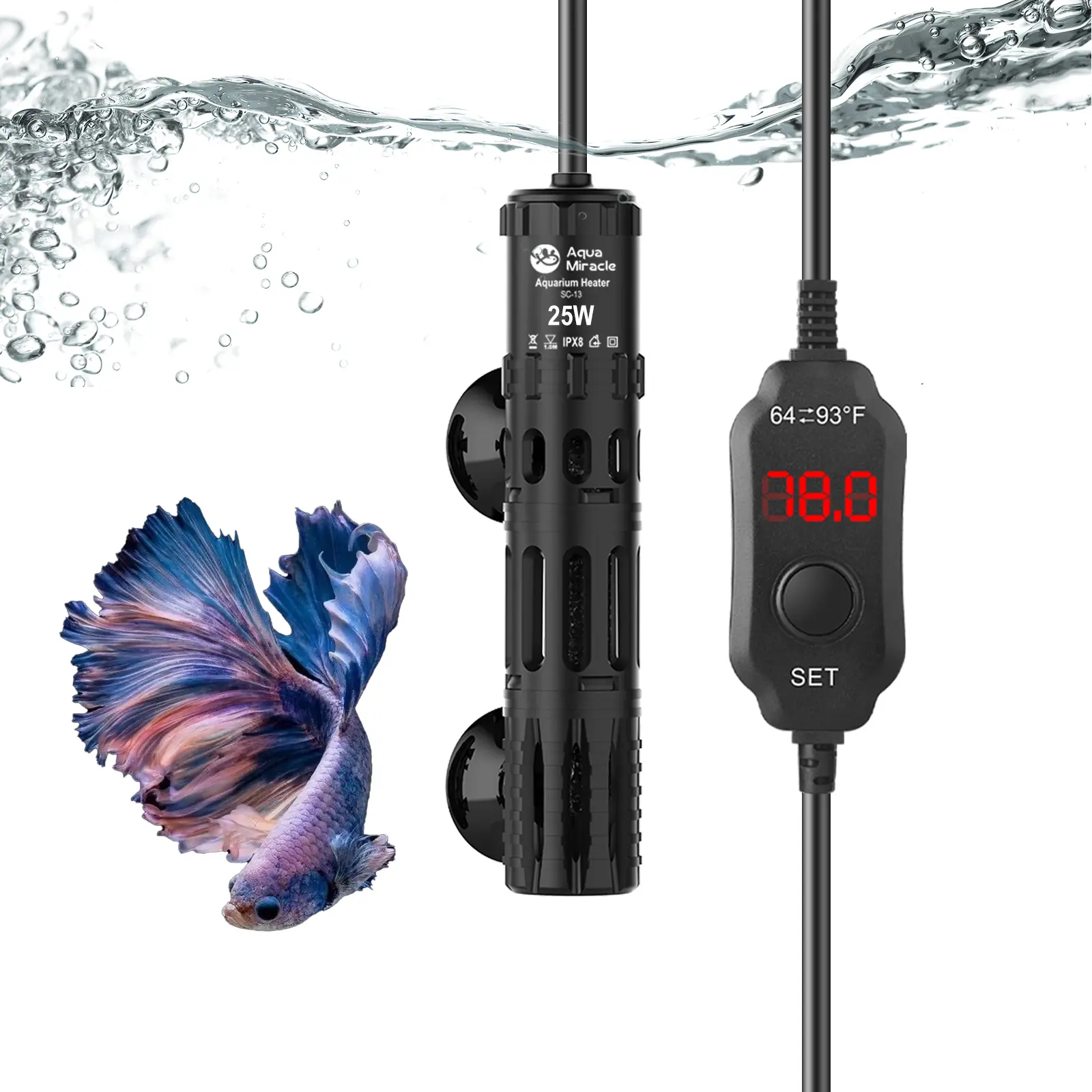 AquaMiracle 25-500W Aquarium Heaters with Protective Housing, Submersible Fish Tank Heaters with LED Digital Display Thermostat, Adjustable Fish Heater for 3-120 Gallon Tanks