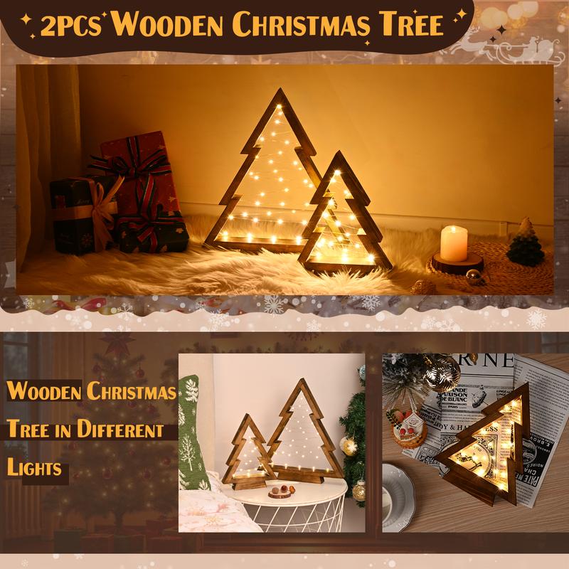 Wooden Christmas Tree Tabletop Set with Lights Modern Farmhouse Decor Small & Large Sizes for Mantle or Tabletop Holiday Decor Set of 2