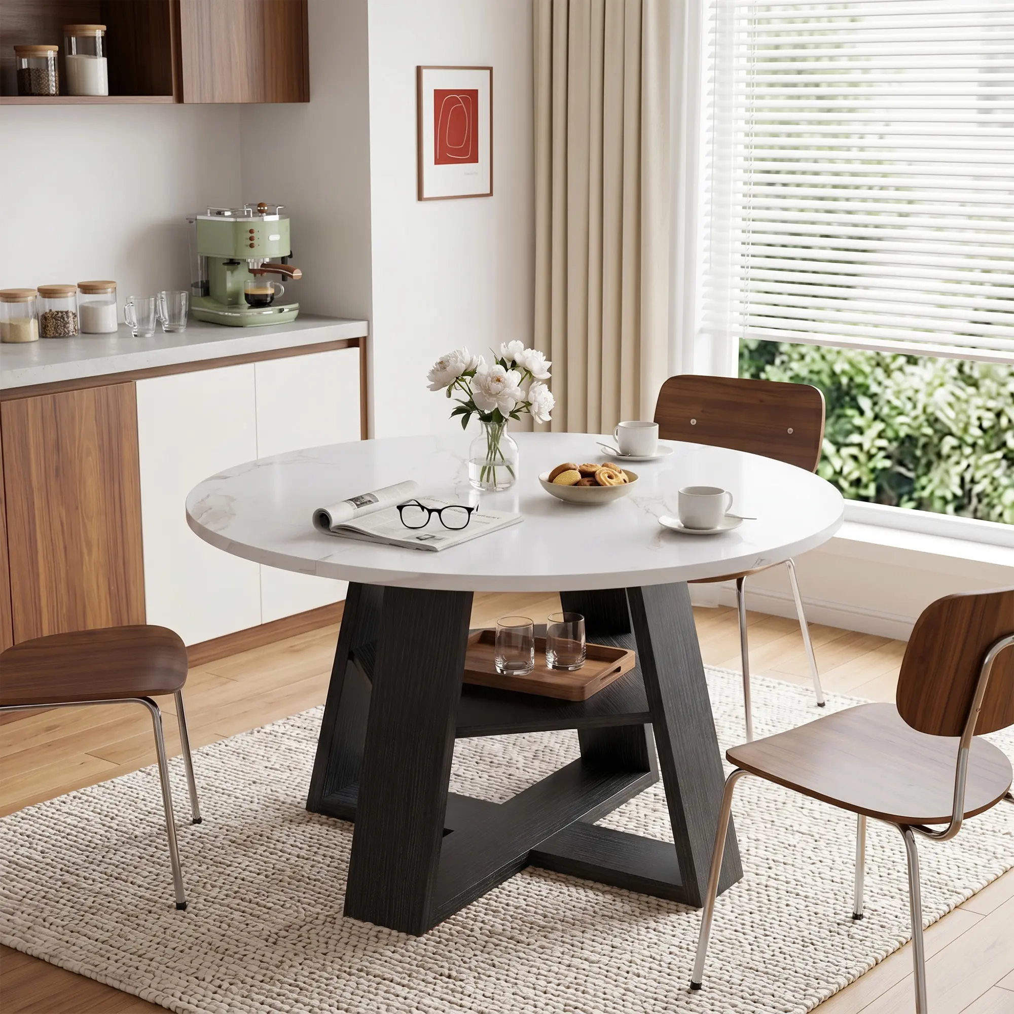 Miereirl 43.3" Round Dining Table for 4, Modern Kitchen Dining Table with Storage Shelf, Wood Grain Round Dining Room Table with Pedestal Base for Kitchen, Apartment