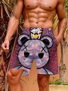 Men's 3D digital printed trendy purple-pink crown bear beach shorts, lightweight beach shorts suitable for surfing, swimming, fitness, vacation and sports. Comfortable, stylish and versatile, a must-have for summer and an ideal gift choice for men
