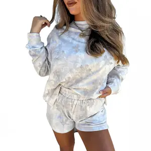 Mntaor Womens 2 Piece Outfits Winteroutfit Casual Set - Abstract Leaf Camo Long Sleeve Pullover Top and Elastic Waist Shorts, Loungewear Sweatsuit for Women