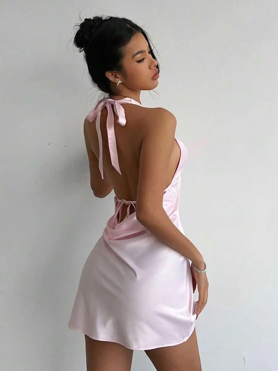 Aloruh Women's Backless Tie Elegant Mini Dress Pink Dress Backless Ladies Spring Dress Prom Dress Easter Beach Dress Summer Dress Suit Cute Casual Wedding Graduation Dress Holiday Dress Carnival Dress Festival Wedding Guest Dress Ladies Dress Business Ca