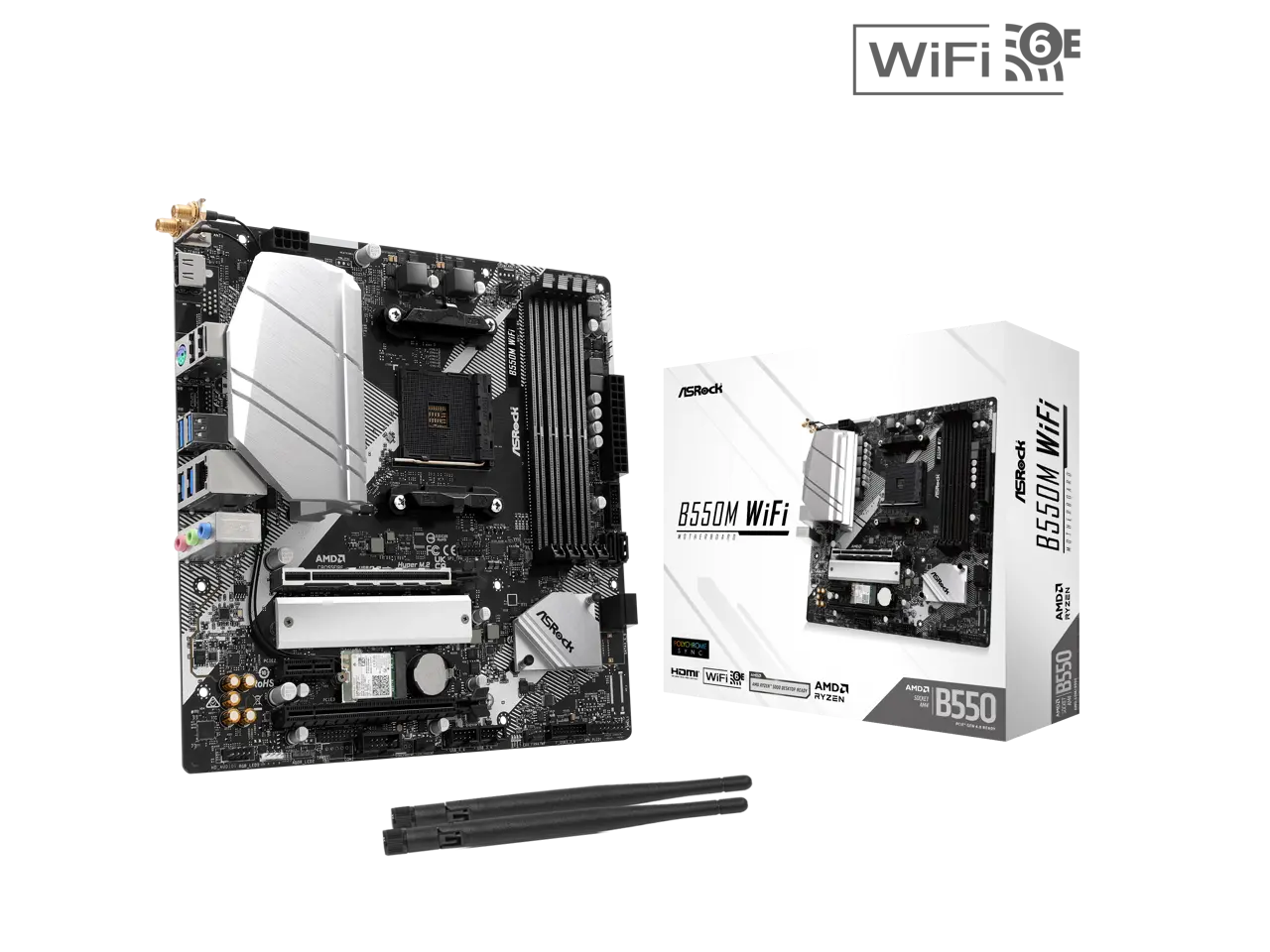 ASRock B550M WiFi AM4 AMD B550 Micro ATX Motherboard - Wi-Fi 6E, PCIe 4.0, Hyper M.2 Gen4x4, DDR4 4733+ (OC) ASRock B550M WiFi AM4 AMD B550 Micro ATX Motherboard - Wi-Fi 6E, PCIe 4.0, Hyper M.2 Gen4x4, DDR4 4733+ (OC)