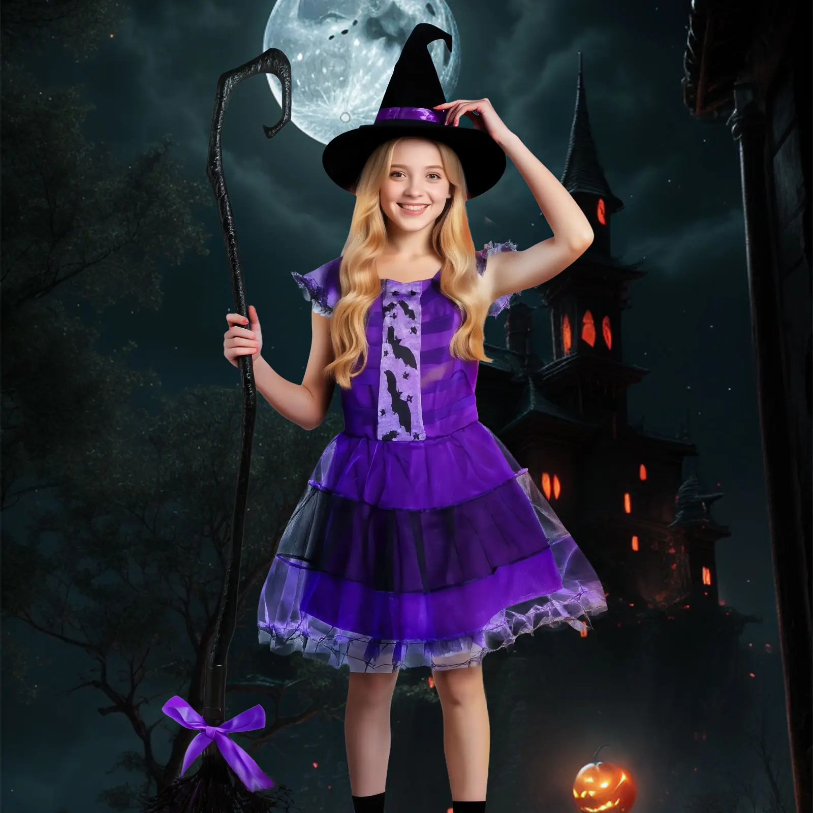 Witch costume set: witch dress with witch hat and broom; themed party outfit; holiday gift selection; versatile apparel suitable for Halloween celebrations and costume parties; a great birthday gift for children; classic witch costume.