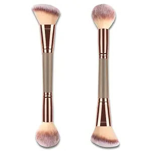 Double-Ended Foundation Makeup Brush, Angled/Round Top for Liquid, Powder & Cream Blending (Brown), champagne gold，Suitable for beginners and professionals
