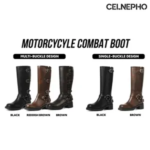 CELNEPHO Motorcycle Combat Boots for Women Round Toe Chunky Block Vintage Heel Metal Buckle Design Comfy Easy Pull on Rocky Boots Gift Party Date Bike Riding Casual Long Tall Punk Summer Footwear Fashion Dress Shoes