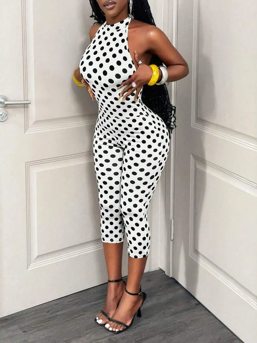 Slayvie Women White With Black Polka Dots Jumpsuit Two Piece Set,Summer 70s Halter Tie-Up Backless Sleeveless Capri Pants,Night Out Party Fashionable Outfit