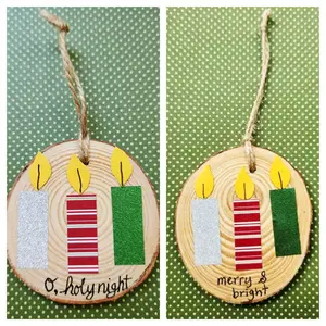 Sparkling Candle Ornament Handmade Wood Slice 2 Styles O Holy Night & Merry Bright 2.7-3.1 Inches Gift Ready to Hang