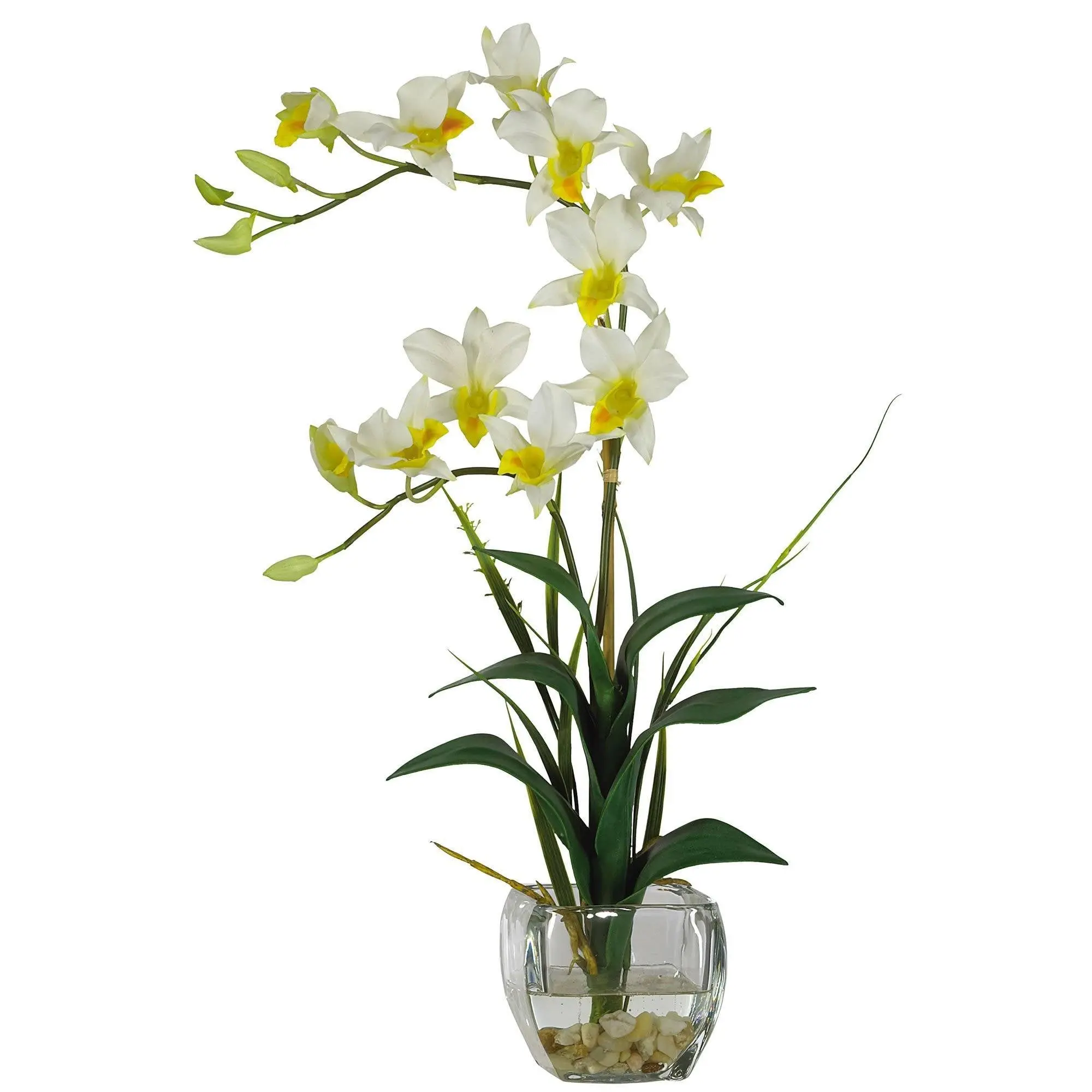 Decorative Artificial Orchids Dendrobium Silk Flower Arrangement with Glass Vase, Plastic Florals for Home Indoor Decor Ornaments