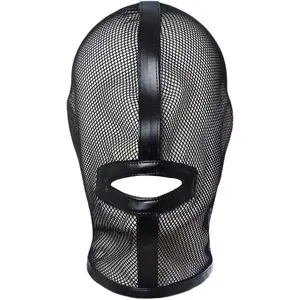 Mesh see through masquerade mask adjustable breathable leather head full face mask for costume halloween party hood mask