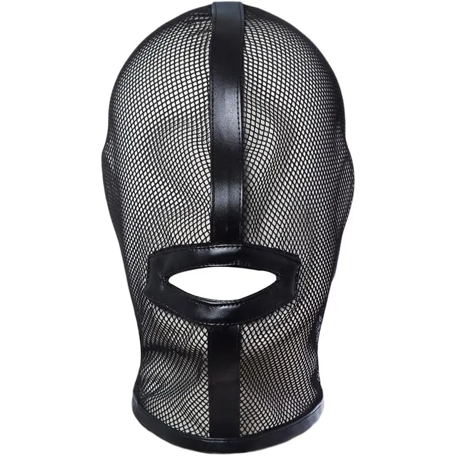 Mesh see through masquerade mask adjustable breathable leather head full face mask for costume halloween party hood mask