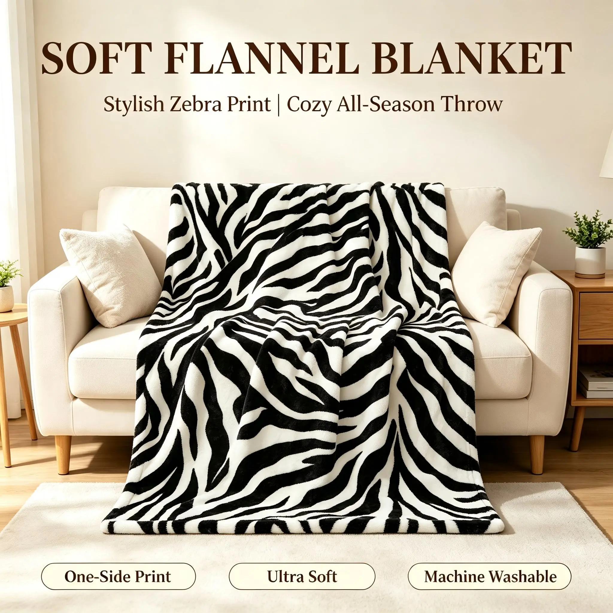 Zebra Stripe Flannel Blanket, Black White Classic Soft Warm Fleece Throw, Multi-Size Machine Washable for Couch Bed, Everyday Use Home Dorm Decor Gift