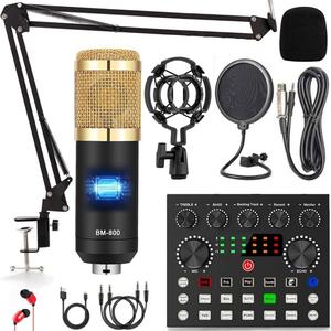 Safring Podcast Equipment Bundle, BM800 Podcast usb rechargeable Microphone Bundle with V8s Voice Changer, Condenser Microphone Recording Studio Package for Podcasting Live Streaming Singing PC Mobile TikTok YouTube dynamic mic sound card desk clamp