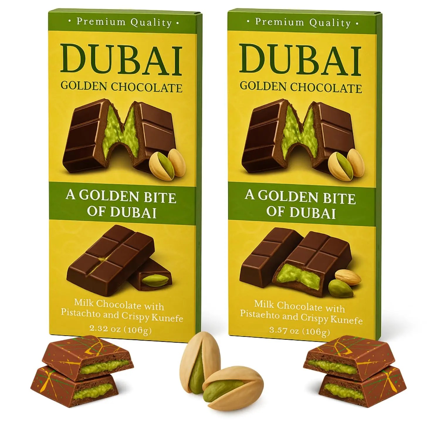 Zimply Foods Dubai Golden Chocolate 2-Pack (3.53 oz Each) - Artisanal Milk Chocolate Snack with Pistachio, Crispy Kunefe, Middle Eastern Luxury Gift, Dubai Chocolate