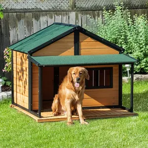 Large Dog House, Cabin Style with Asphalt Roof, Front Door, Side Window, Yellow