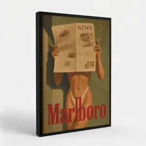 A vintage Marlboro lady newspaper poster, a wall art decoration featuring the vintage cigarette brand, with a strong visual impact. It is perfect as a gift for family and friends.