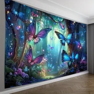 Butterfly forest tapestry with magical blue, purple, pink, green butterflies and glowing forest pathway.Lightweight polyester fabric for living room, bedroom, office, or party decor.Perfect Halloween decoration and housewarming gift.