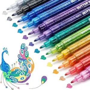 Glitter Markers Pen 12 Glitter Colors Metallic Shimmer Marker Fine Point Tip Water-based Ink for Kids Adults DIY Crafts Greeting Birthday Cards Making Poster Album Scrapbooking Mugs Wood