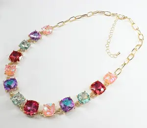 Rainbow Luxe Cushion-Cut Statement Chain Link Necklace - Durable Zinc Steel Design