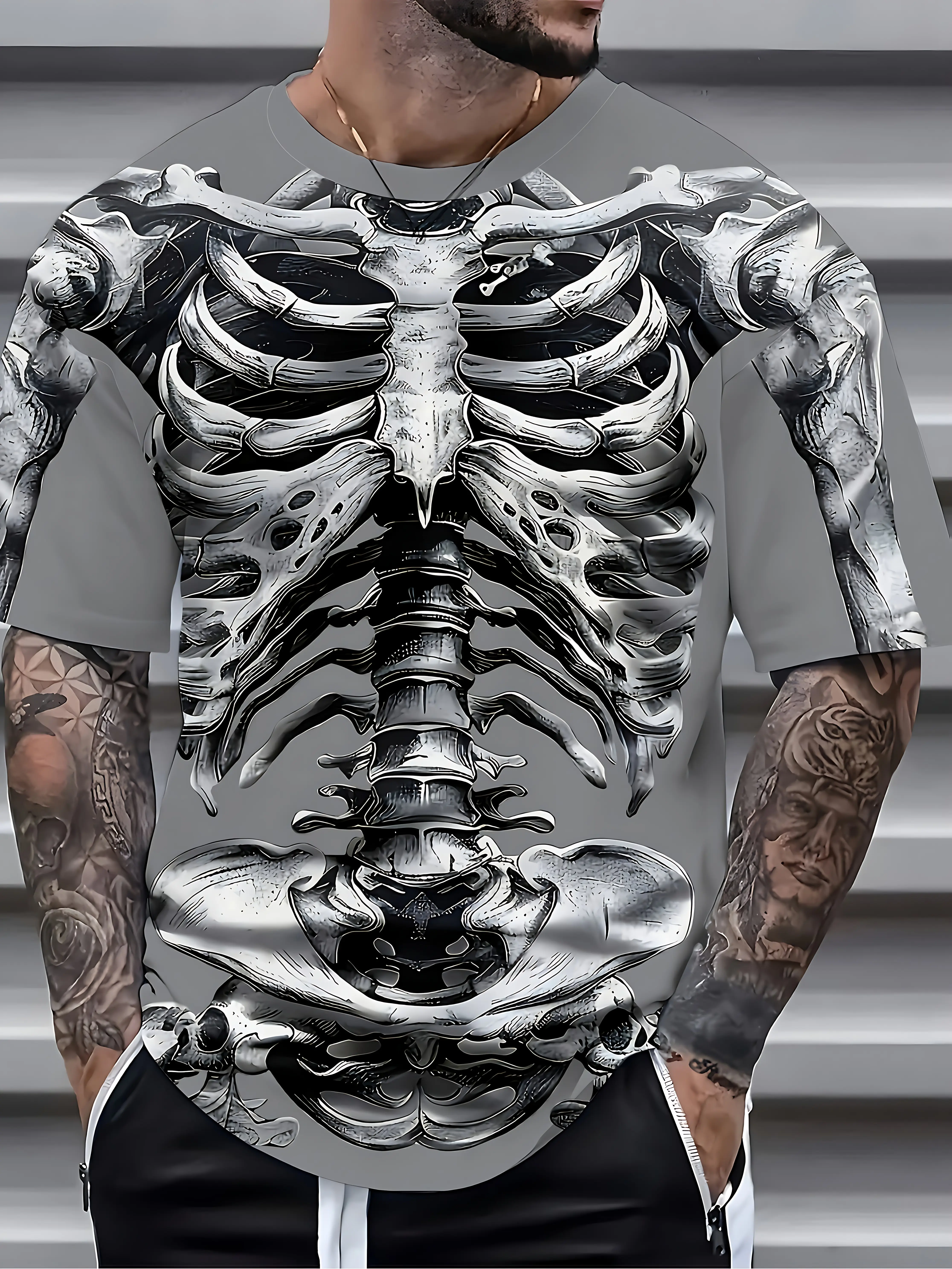 Men's 3D Full-Body Skeleton Print Gothic T-Shirt - Back & Chest Bone Graphics, Lightweight Breathable Short Sleeve Crew Neck, for All- Wear Suitable for Daily Outfits, Themed Events & Layering - Machine Washable Gothic Streetwear with Full Skeletal