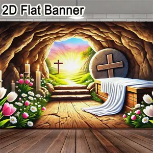 2D flat banner, 1pcBiblical resurrection-themed cave entrance banner, ideal for Easter celebrations, church gatherings, faith-based events, photography backdrops, indoor and outdoor decorations, home, garden, and event spaces. Multiple sizes availa