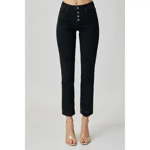 Black Mid Rise Button Down Slim Tapered Jeans