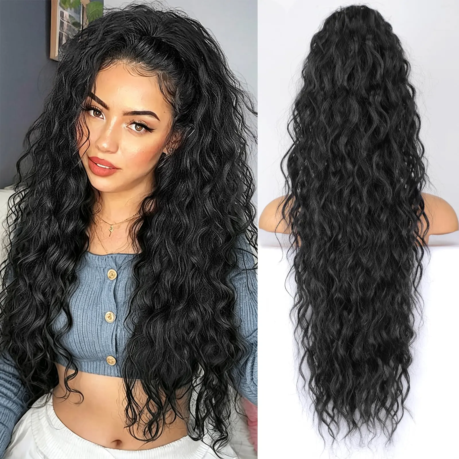 AILIKA Ponytail Extension 30 Inch Claw Clip Pony Tails Hair Extensions for Women Long Curly Ponytail Synthetic Hairpieces for Daily Wear, Party, Gym（Natural Black）