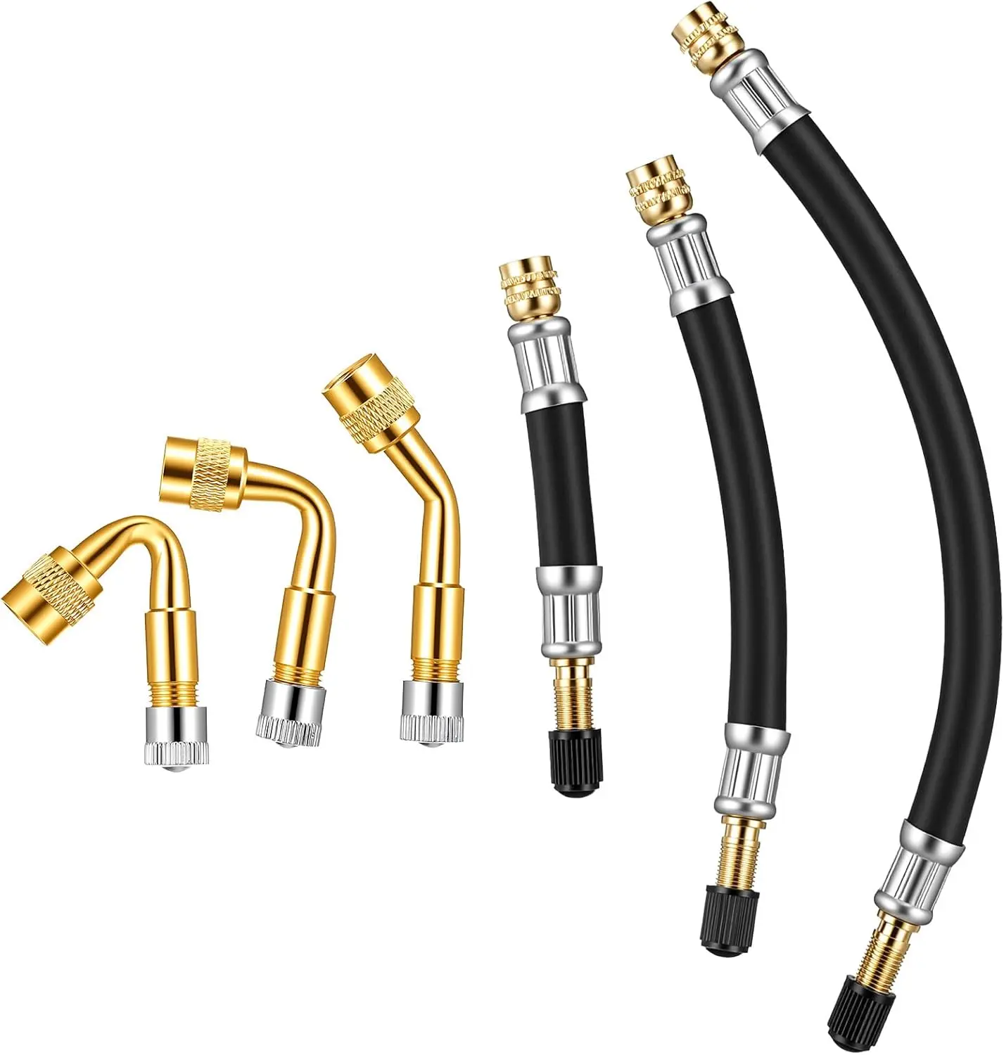 6pcs Universal Flexible Tire Valve Extension, Brass Valve Stem Extenders with 45°/90°/135° Angle 3.9in/5.9in/8.2in Tire Inflator Extension Hose Adapter for Cars Trucks Motorcycles RVs Bikes Scooters