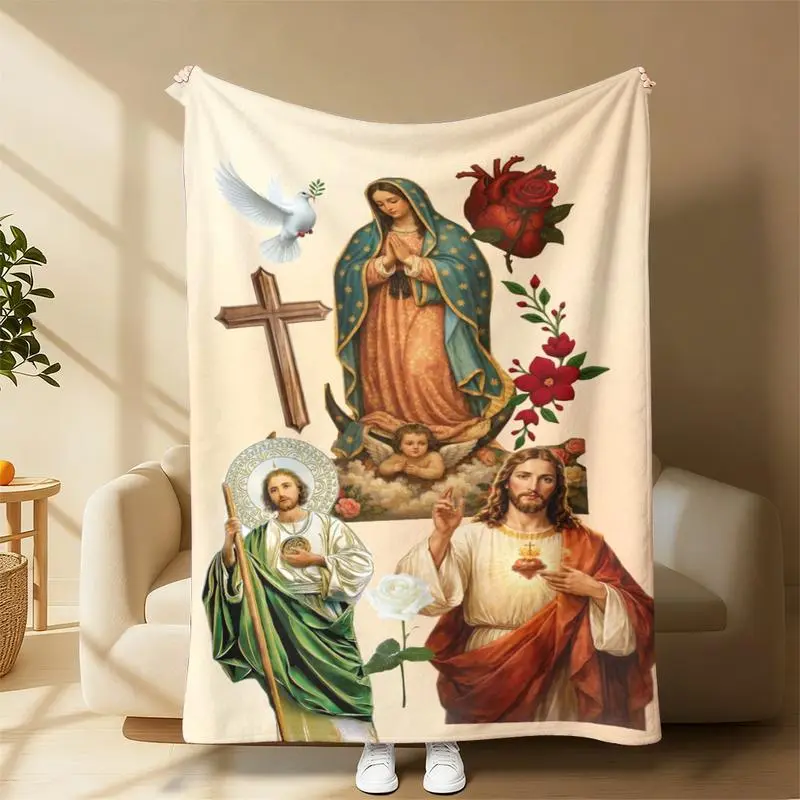 Vintage Catholic Religious Blanket Virgin of Guadalupe Sacred Heart Jesus Saint Jude Collage Print Soft Throw Blankets for Bedding Couch Cover for Sofa Bedroom Living Room Gift for Catholic Faith