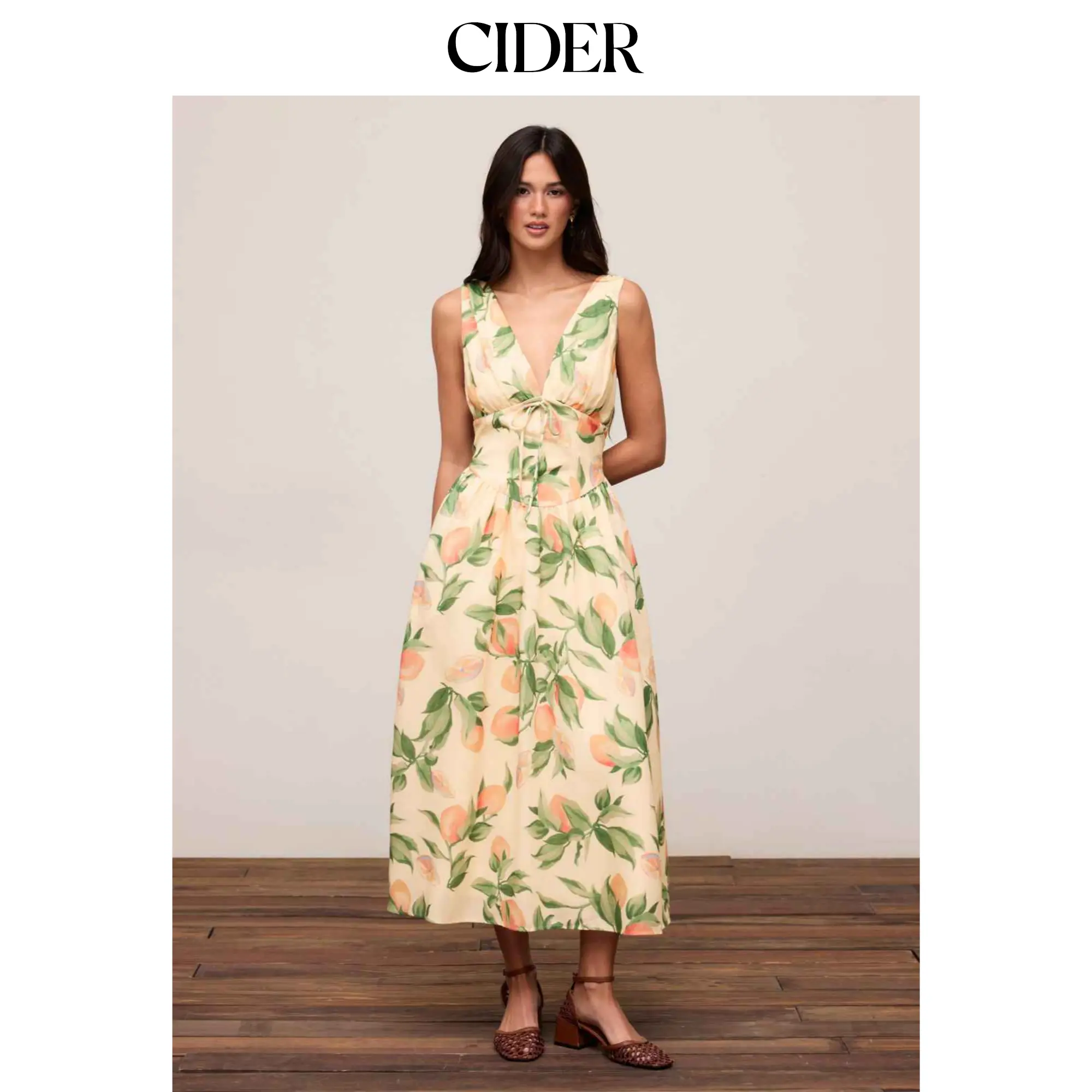 Cider Women's Casual V-neck Maxi Dress with Fruit Graphic, Flared High-Rise Fit and Draped Detail, Casual Wear, Sleeveless, Lady, Bohemian