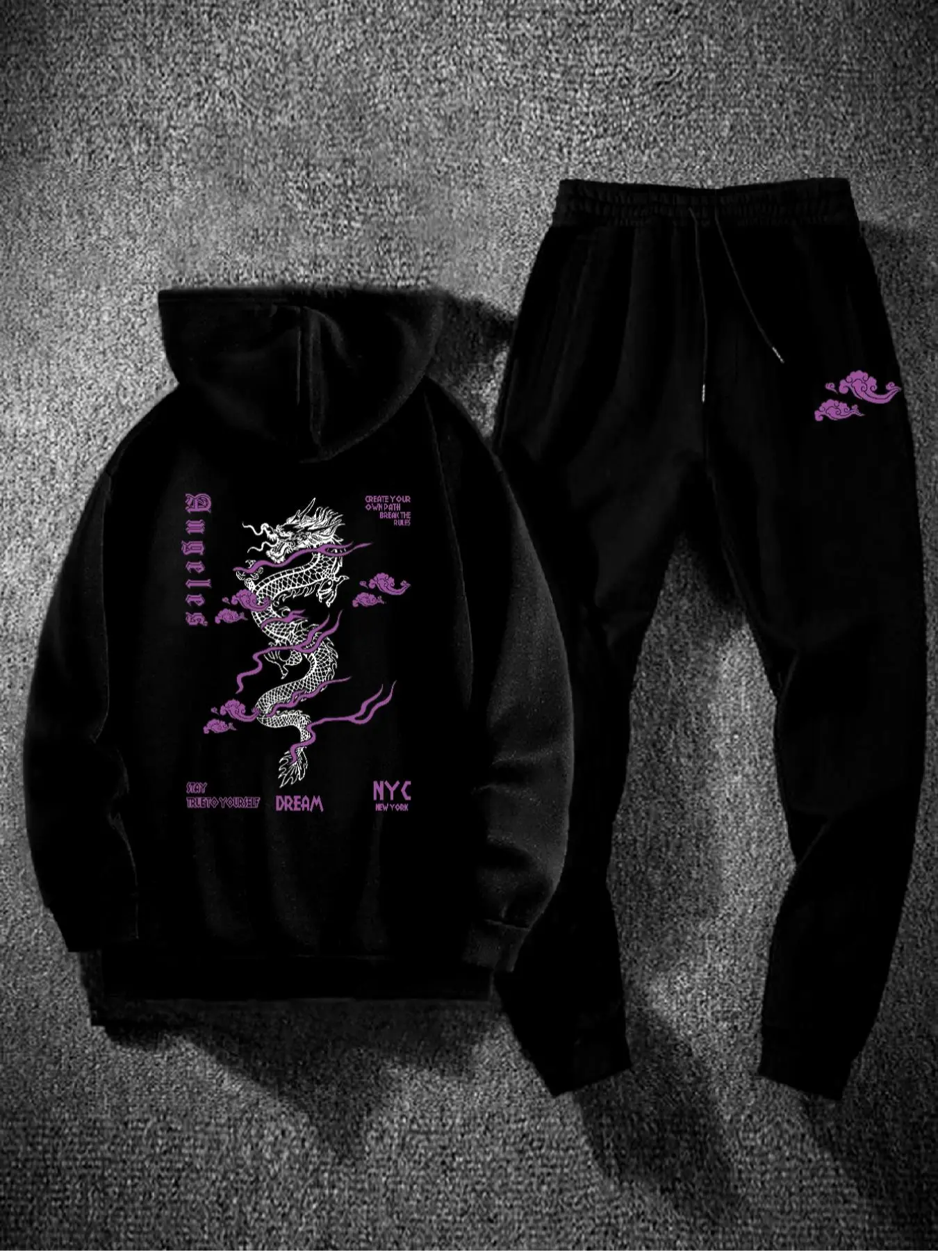 Men's Dragon Print Kangaroo Pocket Hoodie & Drawstring Waist Sweatpants Two-piece Set, Regular Fit Sporty Long Sleeve Hooded Sweatshirt & Pocket Jogger Pants for Fall & Winter, Men's Two-piece Outfits for Daily Wear, Casual Fashion Set, Menswear