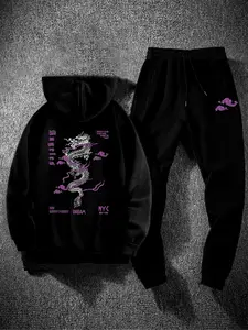Men's Dragon Print Kangaroo Pocket Hoodie & Drawstring Waist Sweatpants Two-piece Set, Regular Fit Sporty Long Sleeve Hooded Sweatshirt & Pocket Jogger Pants for Fall & Winter, Men's Two-piece Outfits for Daily Wear, Casual Fashion Set, Menswear