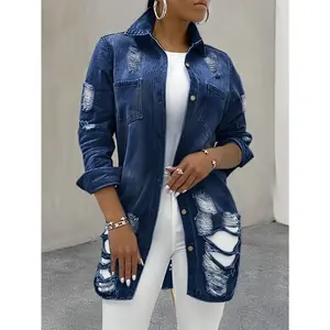 Women's Denim Jacket, Distressed Ripped Button Sexy Style, Casual Long-Sleeved Denim Jacket Womenswear Coats Collared Dark Blue