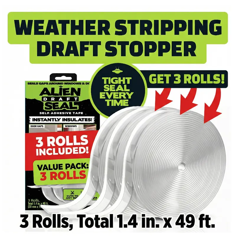 Alien Draft Seal Insulation Tape - Self-Adhesive Silicone Weather Stripping for Door & Window, Under-Door Draft Stopper, Bottom & Side Seal - Sealing
