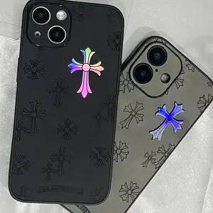 Gradient Laser-Etched Cross Pattern Phone Case for iPhone 17/16/15/14/13/12/11 Pro/Max/Air PU Leather TPU Back Cover Shockproof Protective Case for iPhone 16/15/14 Plus