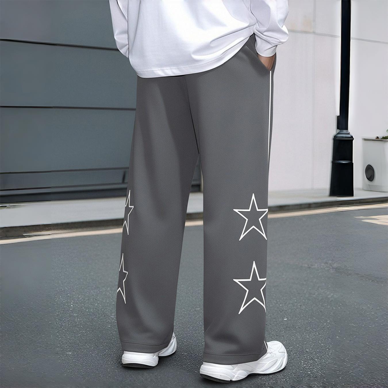 Men’s star print wide-leg track pants, drawstring streetwear sweatpants with contrast stitching, casual loose athletic bottoms for everyday wear