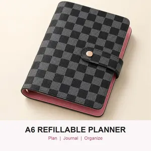 A6 Refillable 6-Ring Planner Binder, Faux Leather Personal Organizer Notebook with Card Slots, Pen Loop and Snap Closure for Journaling, Budgeting, School & Work, Black Checkered