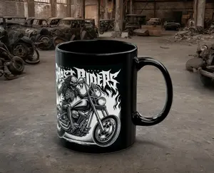 Gothic Ghost Riders Motorcycle Mug - 15oz Black Ceramic Cup for Chopper Enthusiasts, Gift for Bikers, Unique Coffee Mug, Skulls Mug