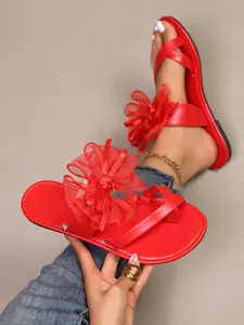 Women's Comfortable Flat Sandals with Cute Bow, Textile Upper, Rubber Sole, Casual Summer Beach Shoes for Daily Wear