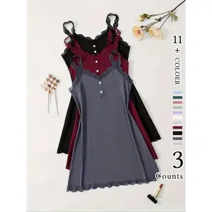 Women's Plain Contrast Lace Buttons Cami Nightdress, Elegant Sweetheart Neck Sleeveless Nightgown, Comfy Sleepwear for Summer, Pajamas for Women