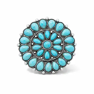 Turquoise Territory Cluster Ring Western-Inspired Round Floral Medallion with Faux Turquoise Stones & Antique Silver-Tone Beading Adjustable Band