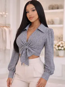 Blusa Crop Top Cuadros con Lazo en el Frente | Elegante & Sexy