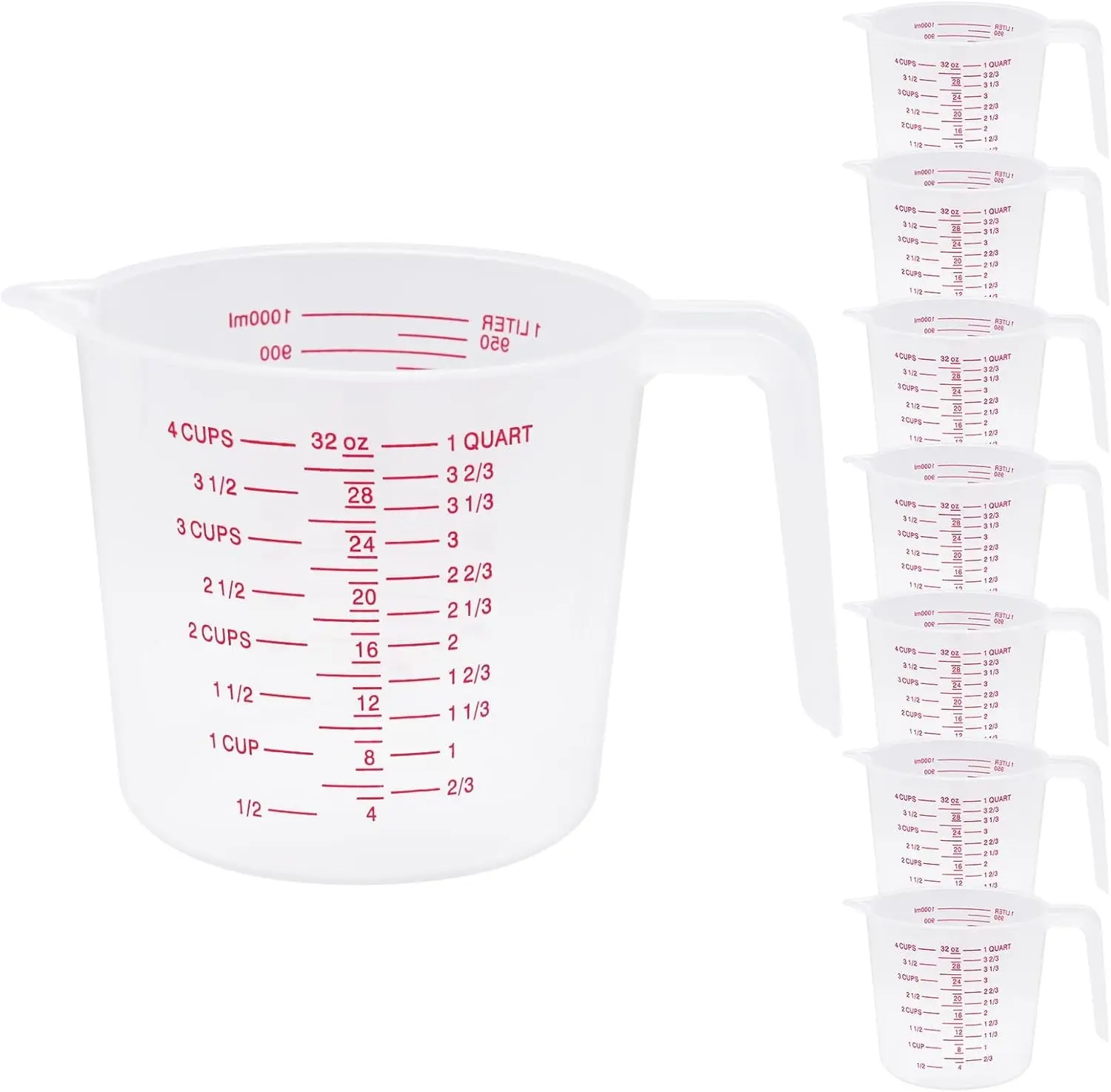 8 Pcs 4 Cup/32 Oz Plastic Measuring Cups With Spout And Handle | 1000ml Clear Graduated Measuring Cups With Oz And Ml Markings For Water, Flour, Liquids, Baking, Cooking And Mixing